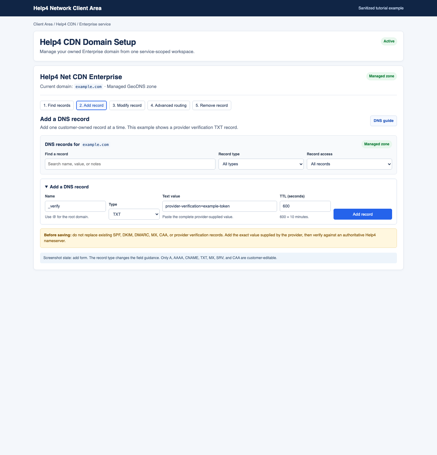 Sanitized Help4 CDN add DNS record form showing a safe TXT verification record, a 600-second TTL, and an add-record button.