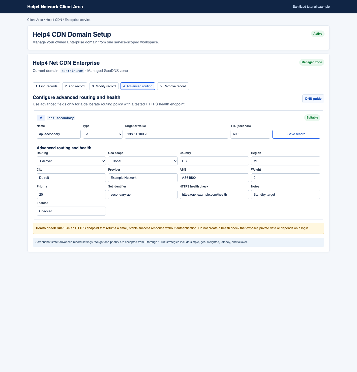 Sanitized Help4 CDN advanced DNS routing and health fields showing routing strategy, geo scope, location, provider, ASN, weight, priority, set identifier, HTTPS health check, notes, and enabled status.