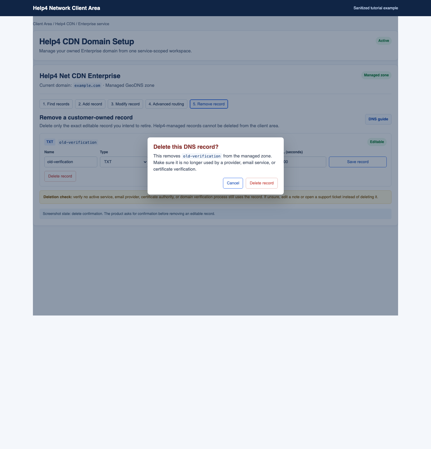 Sanitized Help4 CDN delete confirmation for an editable TXT verification record, with cancel and delete record choices.
