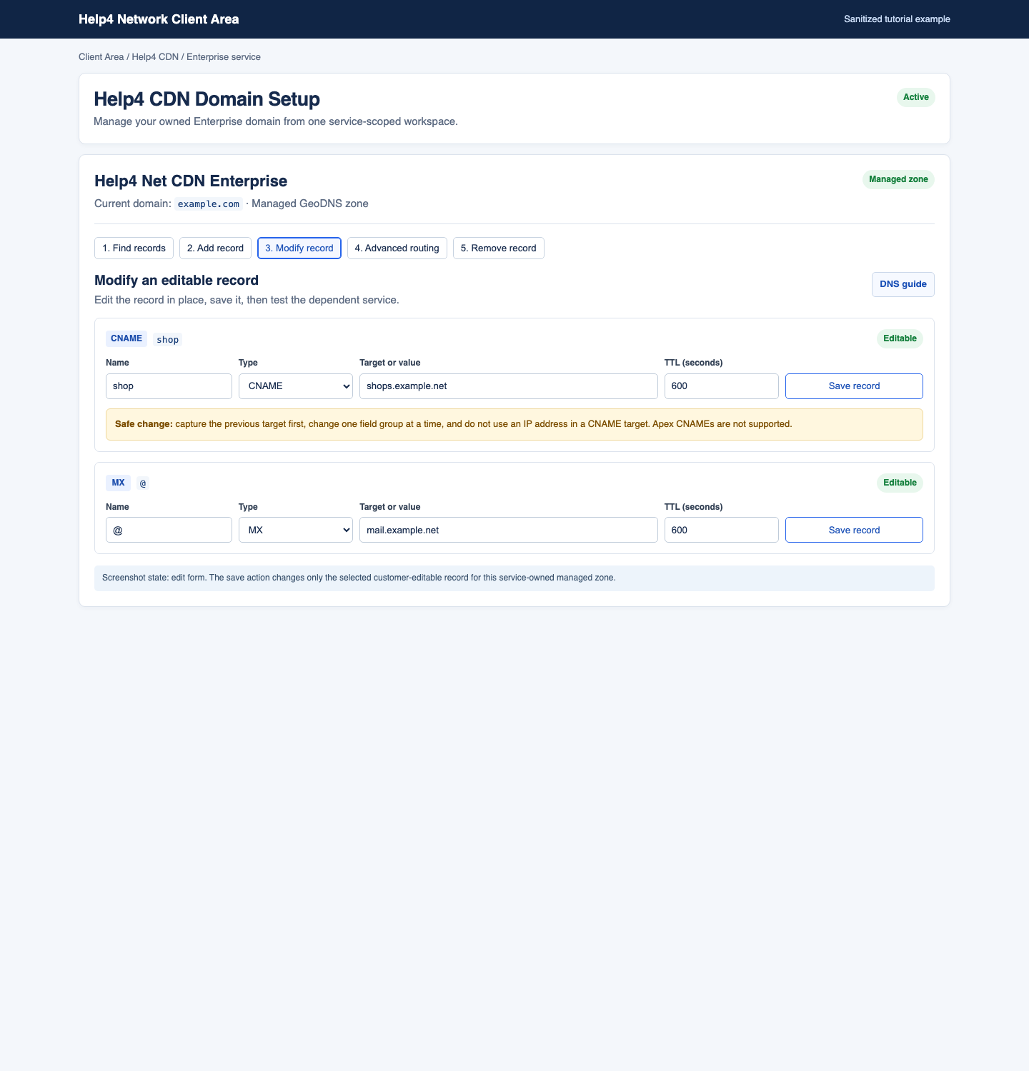 Sanitized Help4 CDN editable CNAME and MX DNS records with name, type, target or value, TTL, and save controls.