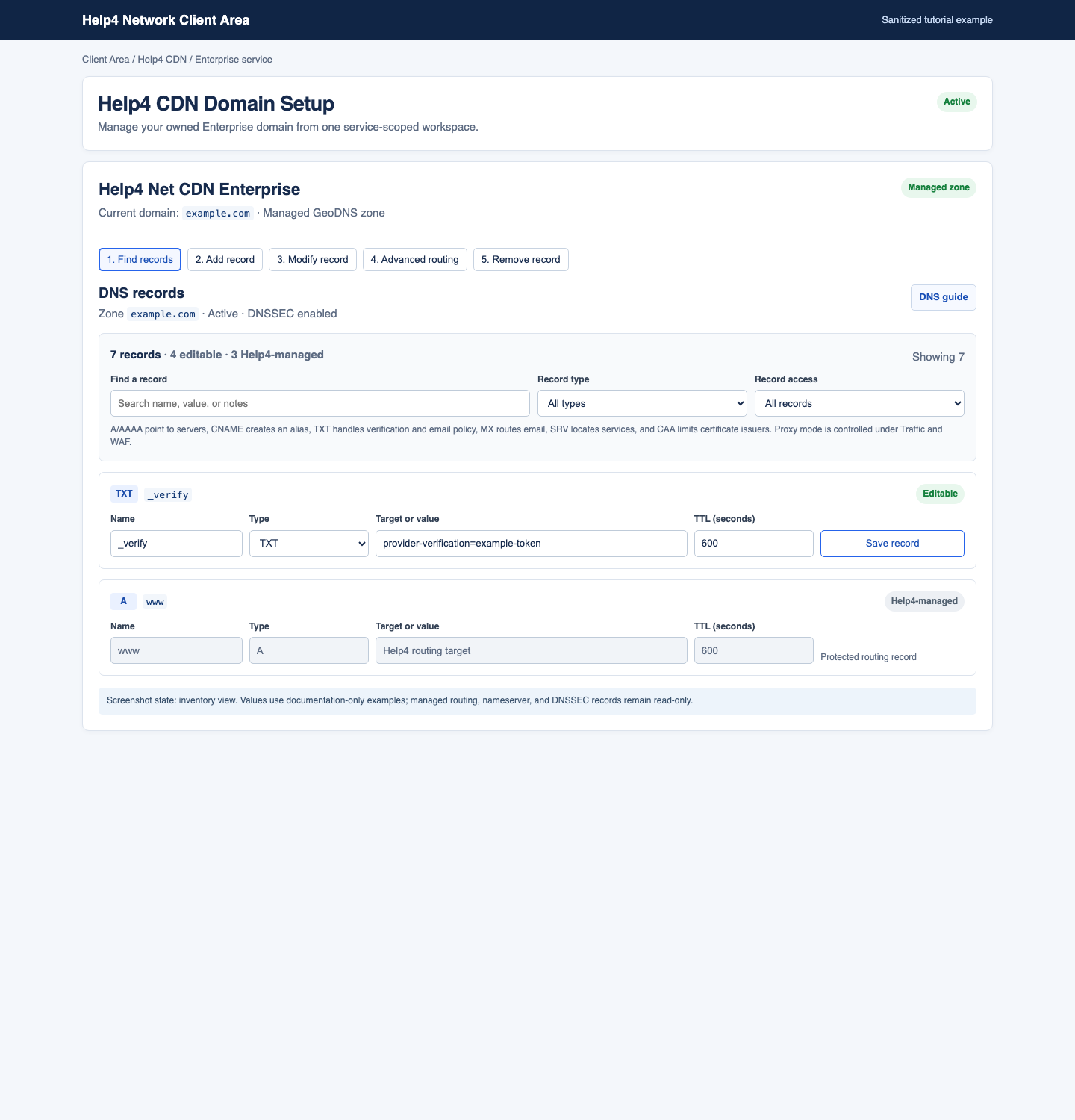 Sanitized Help4 CDN Enterprise DNS record list showing search and filters, an editable TXT verification record, and a Help4-managed web routing record.