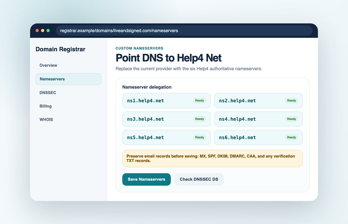 Registrar nameserver screen showing ns1.help4.net through ns6.help4.net