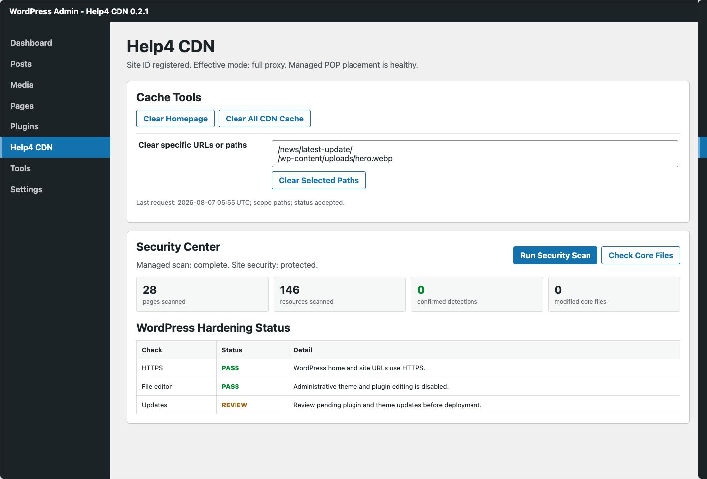 Help4 CDN 0.2.1 Cache Tools and Security Center in WordPress administration
