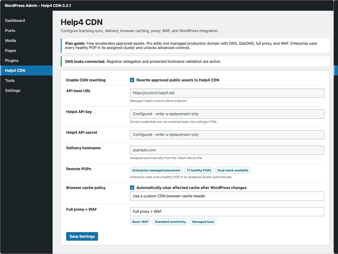 Help4 CDN 0.2.1 configuration screen showing protected credentials, DNS status, POP placement, cache, and WAF state