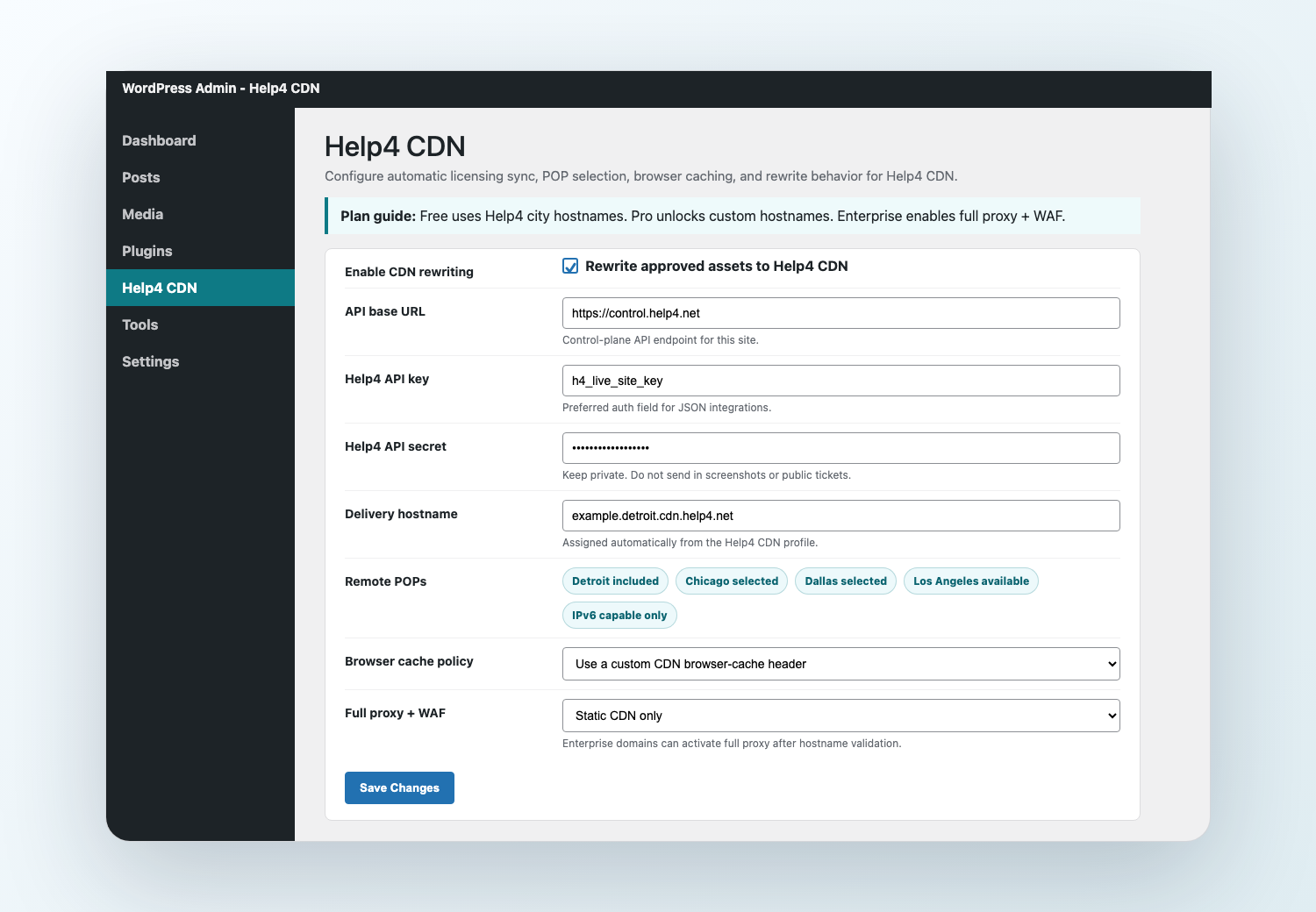 Help4 CDN plugin settings showing enable rewriting, API key, secret, hostname, POP, cache, and WAF options