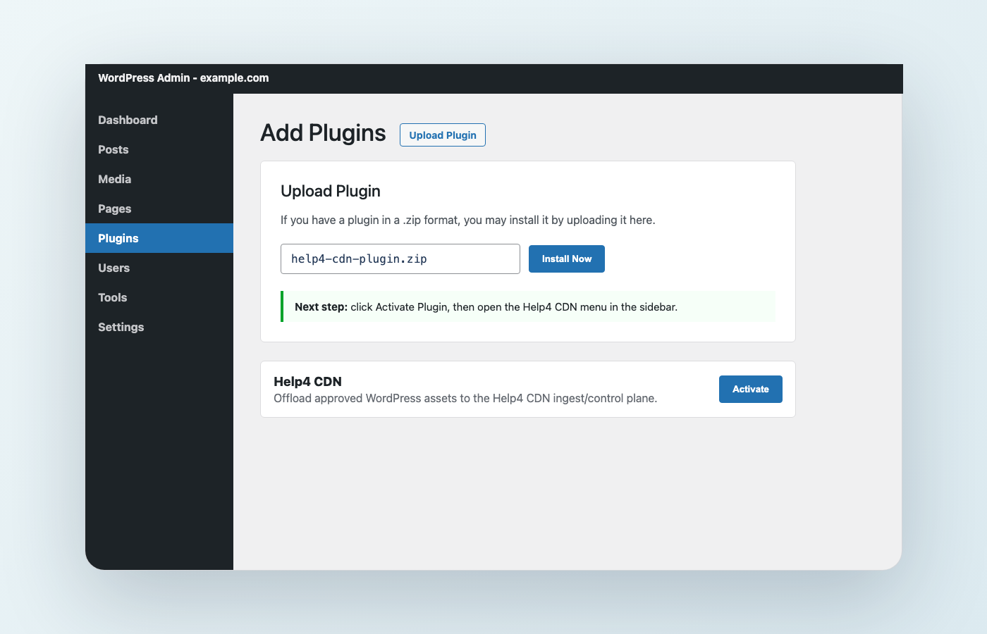 WordPress plugin upload screen showing the Help4 CDN plugin ZIP selected